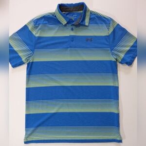 Under Armour Mens Heatgear‎ Polo Shirt Size Medium Loose Fit Blue Yellow Stripe